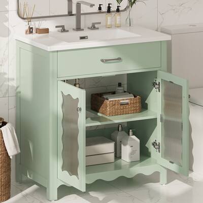 Modern Bathroom Vanity Featuring Tempered Glass And Rubber Wood Legs With Soft-Close Doors