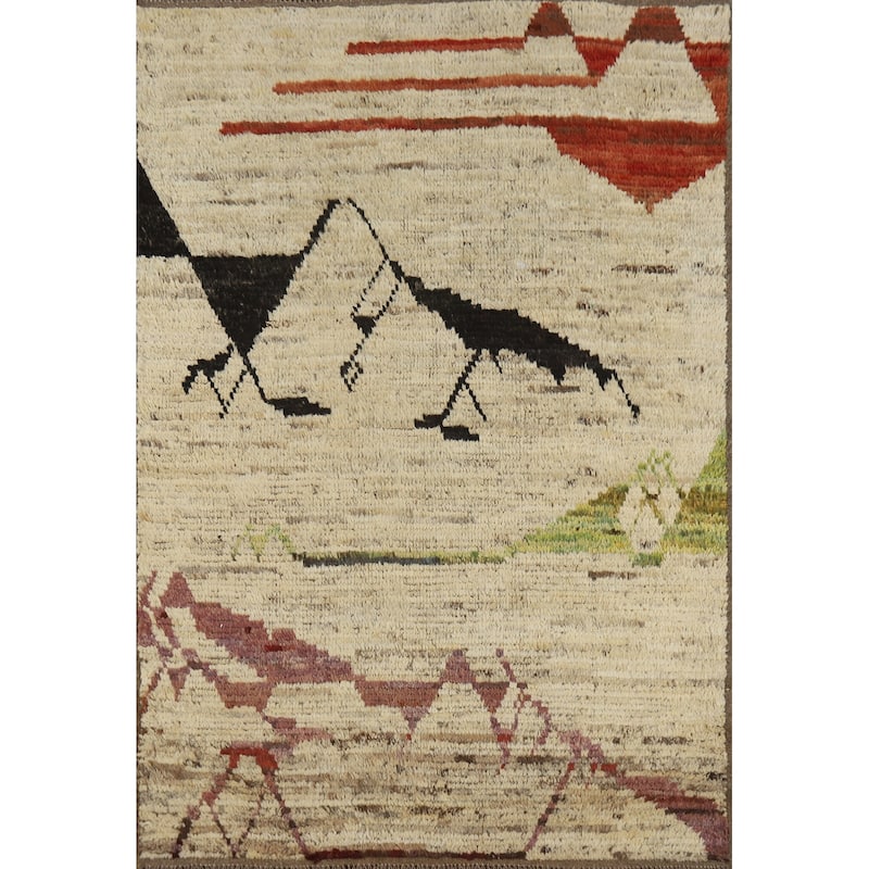Moroccan Oriental Rug Hand-Knotted Geometric Wool Carpet - 4'2" x 5'11"