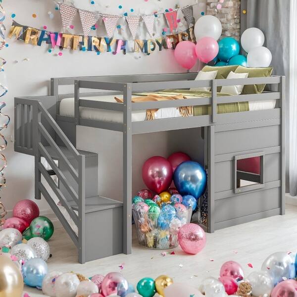 slide 2 of 16, Elegant & Playful Design Twin Size Loft Bed with Storage Staircase and Window, Sturdy Construction & Safety Guaranteed, Grey Grey