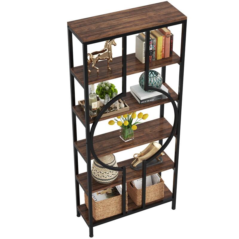 70.9"H x 27.6"W Industrial Geometric Bookcase, 6-Tier Tall Bookshelf, Wood Display Shelf Storage Shelves
