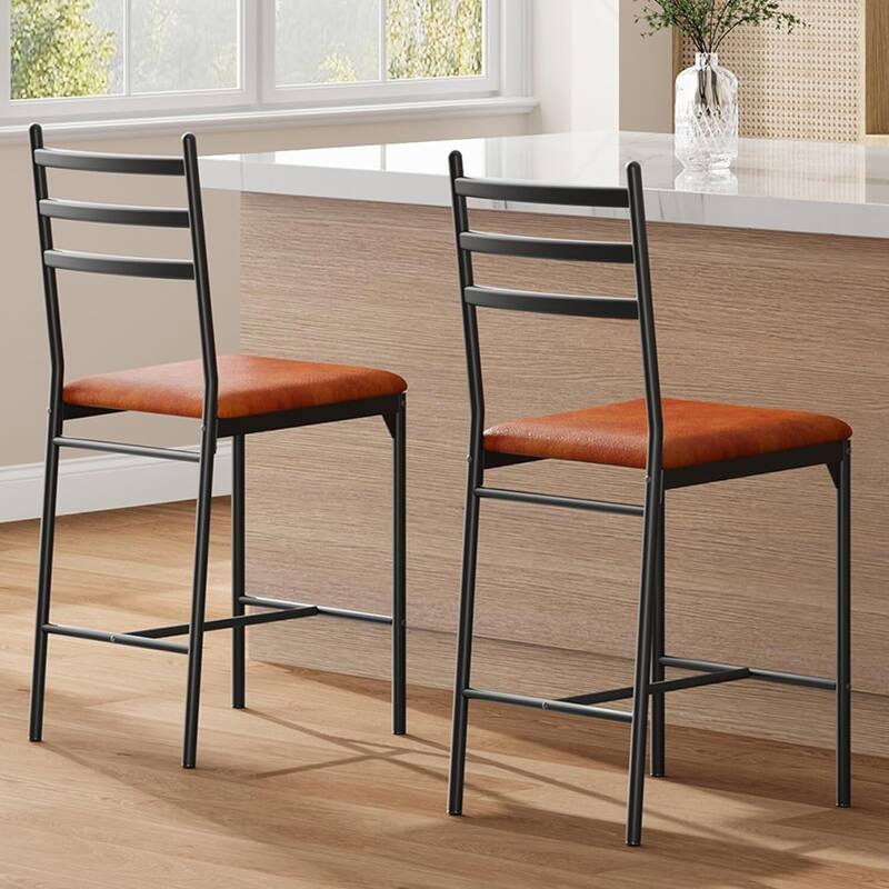 Faux Leather Upholstered 22 Inch Counter Height Barstools Set of 2 - Brown