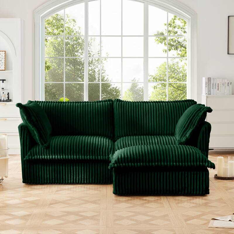 Corduroy 2-Seater Sectional Sofa with Convertible Ottoman & Pillows - Green