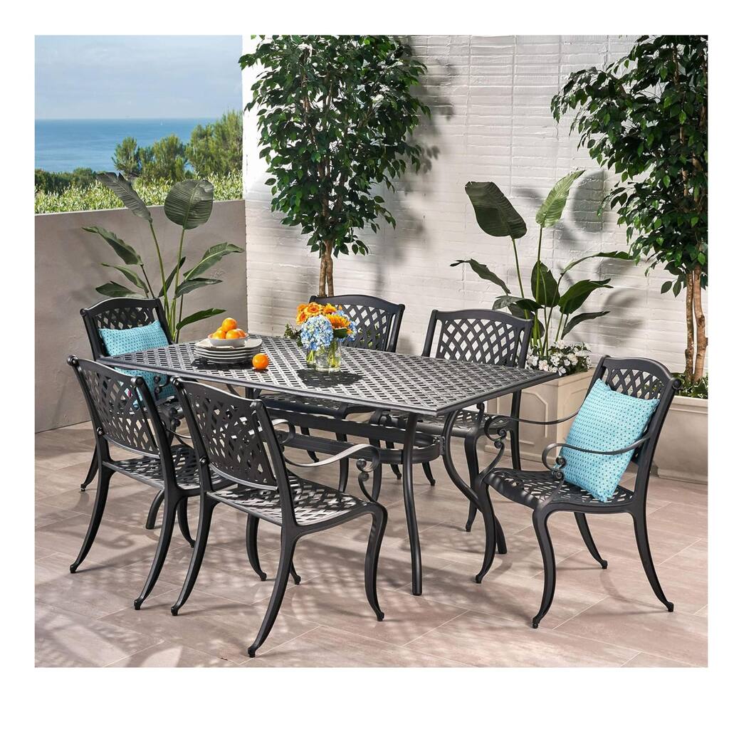 Roomfitters 6-Person Rectangular Cast Aluminum Outdoor Dining Set with 63" Table, Elegant Weather-Resistant Style, Black
