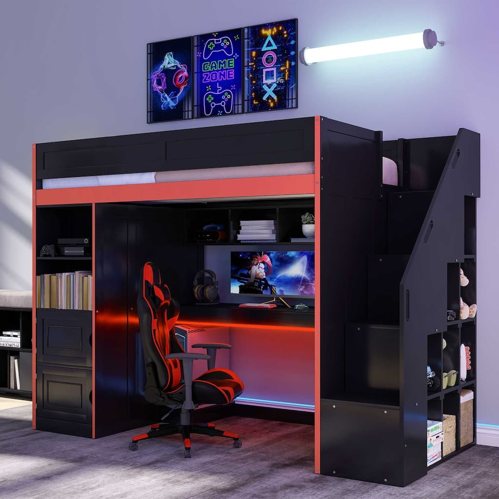 Gaming Loft Bed with Desk, Storage, and LED Lighting by Harper&Bright Designs