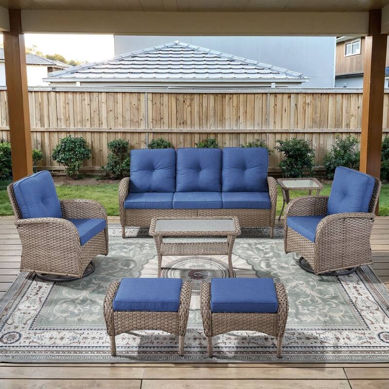 Gymojoy Outdoor Wicker Patio Furniture Sofa Chair Set Weather-Resistant - Grey Wicker / Blue Cusion - Sofa Set - included Swivel Chairs