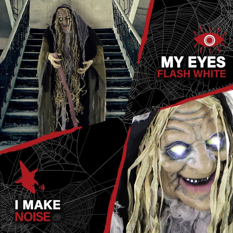 Haunted Hill Farm Life-Size Animatronic Witch, Indoor/Outdoor Halloween Decoration, Light-up White Eyes, Poseable