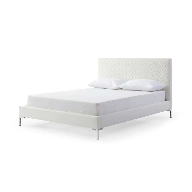 Full Size Bed Frame - Rustic Refinement Upholstered White Faux Leather with Chrome Legs