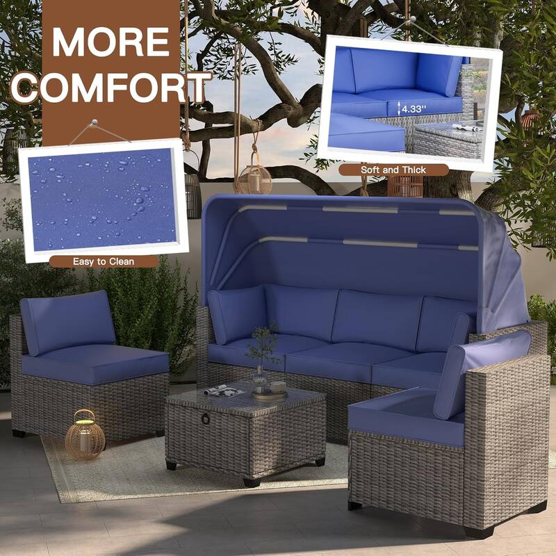 6-Piece PE Rattan Patio Sectional Set, Weather-Resistant Furniture, Retractable Canopy, Adjustable Backrest, Outdoor