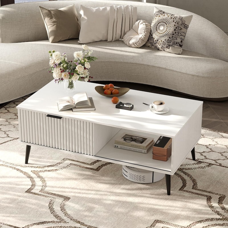 Coffee Table with Storage, 2-Tier Wooden Coffee Table with Sliding Door, - White