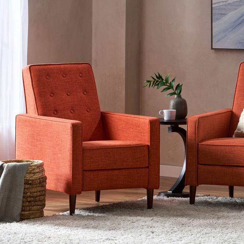 Orange Fabric Mid-Century Upholstered Push Back Recliner with Footrest, Button-tufted Backrest, Beech Wood Legs
