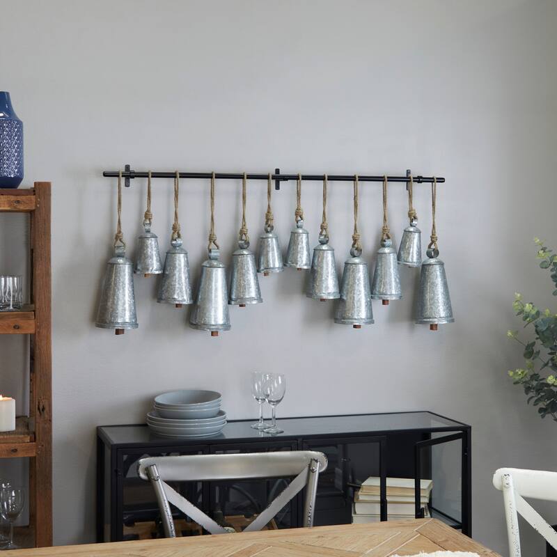 Gray or Bronze Metal Tibetan Inspired Decorative Cow Bell with Jute Hanging Rope and Rod