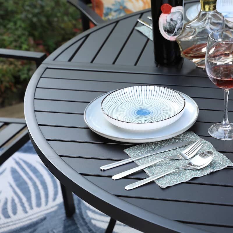 MAISON ARTS 7 Pieces Outdoor Dining Set for 6, Large Round Dining Table with Umbrella Hole & Stackable Metal Chairs