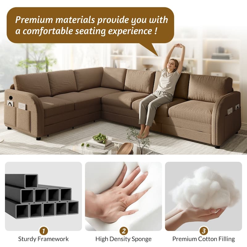 Sectional Sleeper Sofa with Pull Out Bed, Convertible Teddy Fabric Couch with Side Pockets & USB Ports, L Shaped Modular Couches