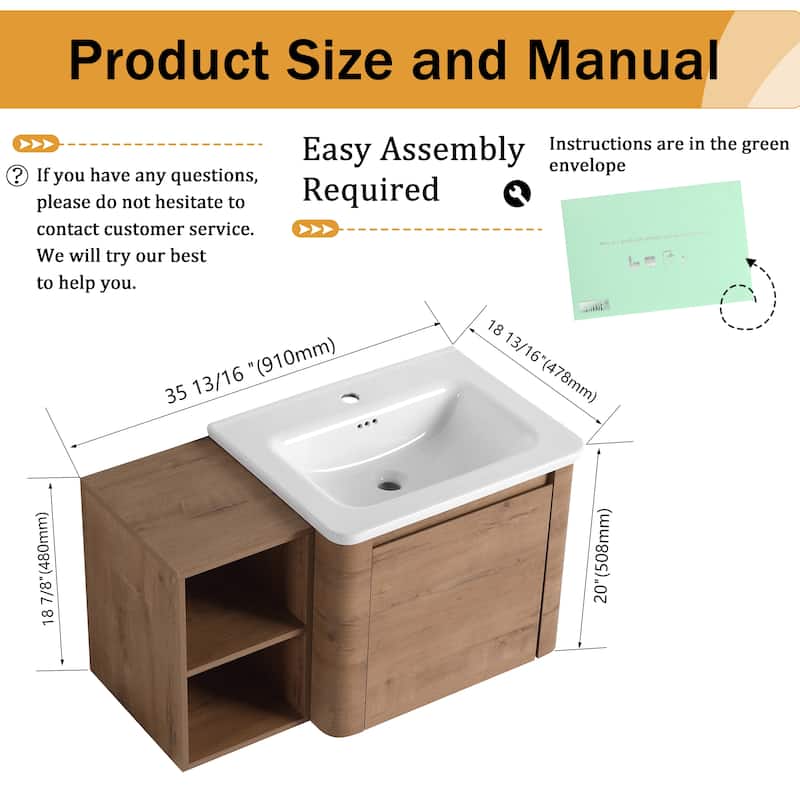 Malwee 24"/36"/48"/60" Floating Bathroom Vanity, Wall Mounted Bathroom Vanity with Ceramic Sink,Soft Close Door and Shelf