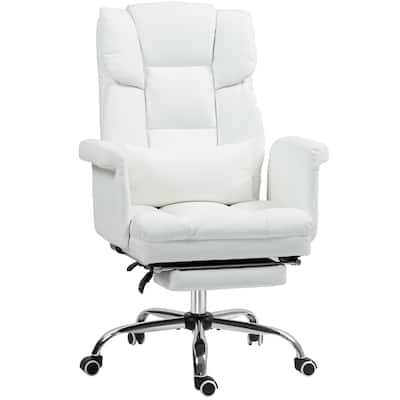 Executive Office Chair PU Leather Ergonomic Reclining Swivel Chair with Footrest Lumbar Support White