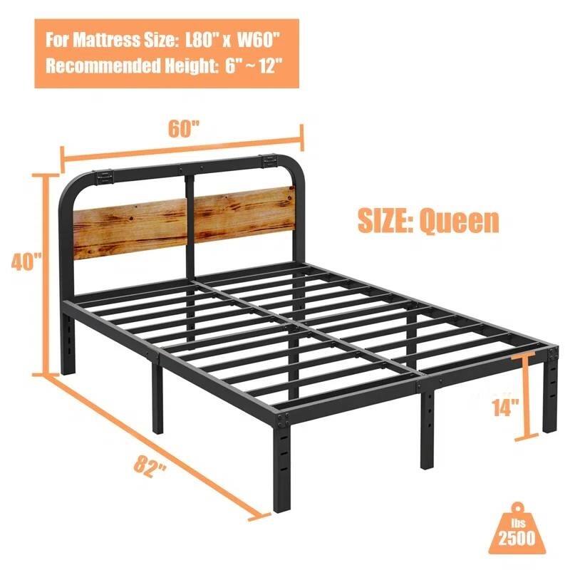 Black Metal Platform Bed Frame with Rustic Wood Headboard and Strong Steel Slats Under Bed Storage