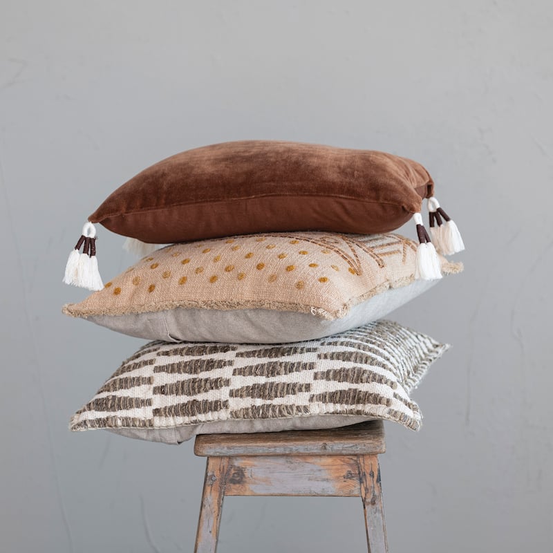 Cotton Slub Throw Pillow with Geometric Embroidery and Fringe