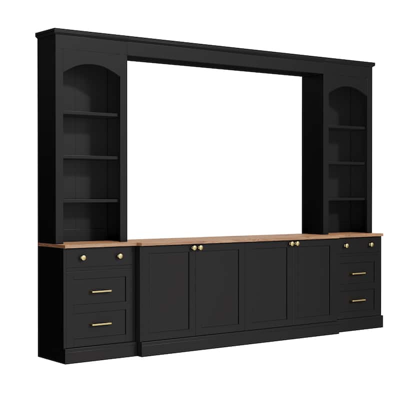 Farmhouse Arched Entertainment Center Wall Unit with Bookshelf,for TVs Up to 70",106"Multi-Functional Media Console with Drawer