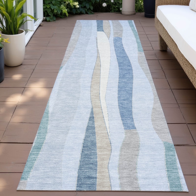 Machine Washable Indoor/Outdoor Modern Stripes Chantille Rug - Sky - 2'3" x 7'6"