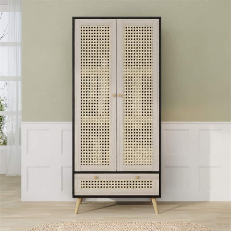 70.8" Tall Boho Armoire Wardrobe for Bedroom - Natural+Black