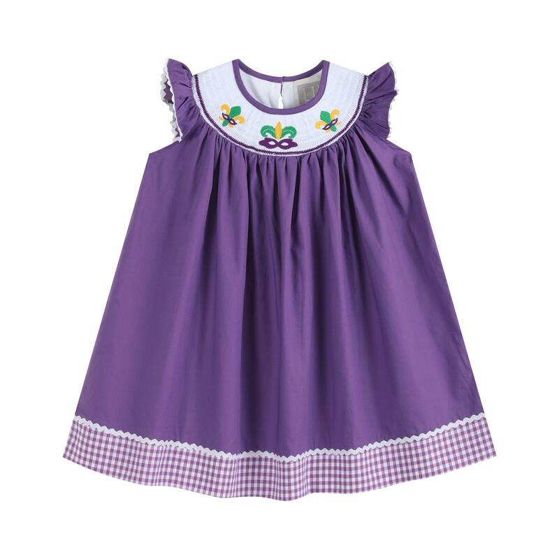 Lil Cactus Purple and Gingham Mardi Gras Smocked Bishop Dress