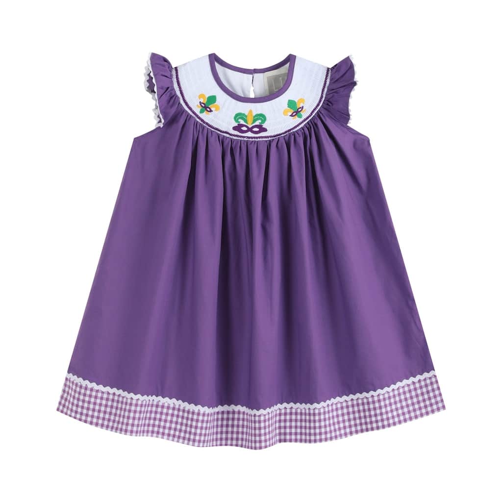 Lil Cactus Purple and Gingham Mardi Gras Smocked Bishop Dress