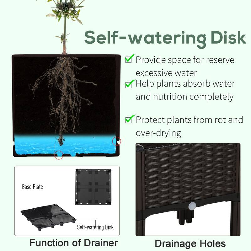 Self-Watering Planter Box Raised Bed Modular Flower Pots with Legs Rattan Pattern and Bottom Drainage Holes for Outdoor