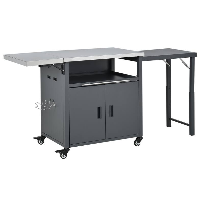 Foldable Outdoor Prep Station BBQ Cart with Trash Rack, Portable Kitchen Island Grill Cart with Foldable Top