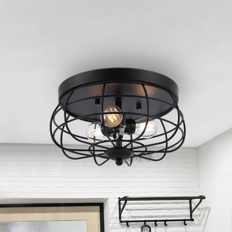 GetLedel 11-inch Farmhouse 3-Light Drum Flush Mount Ceiling Light - Black