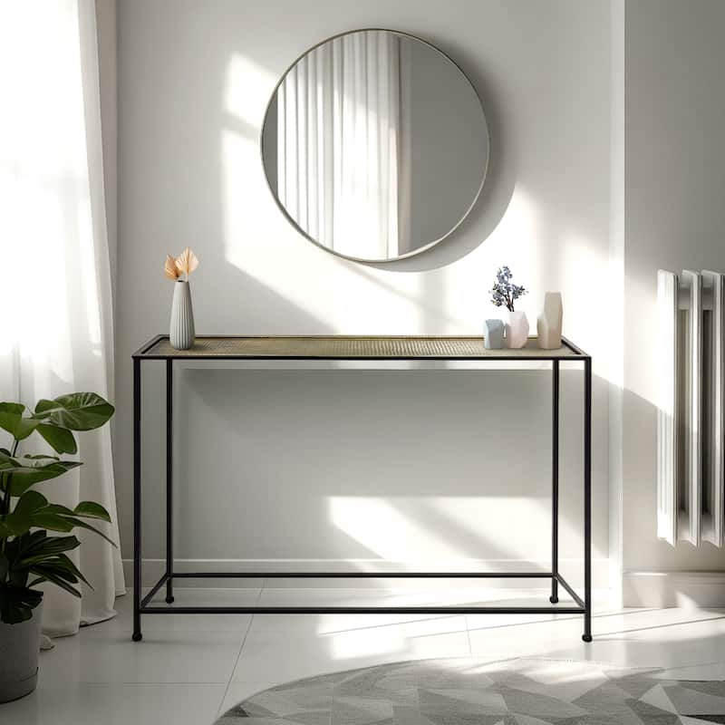 Aurelia 48 Inch Console Sofa Table, Artisanal Hammered Antique Bronze Tray Top, Industrial Black Iron Frame
