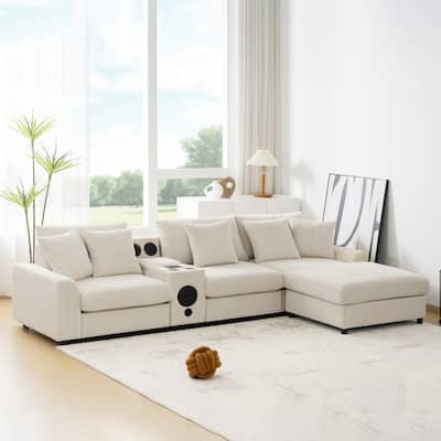 114'' Corduroy Sectional Sofa with Bluetooth Speakers and Console,USB Charger,Cup Holders,Storage,Ottoman