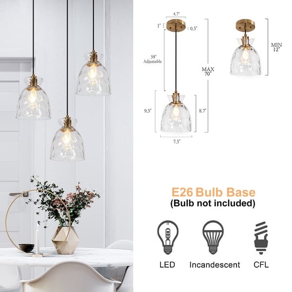 dimension image slide 2 of 3, Elisie Mid-century Modern Pendant Light 1-Light Waterfall Glass Hammered Dome Kitchen Island Lighting Dining Room