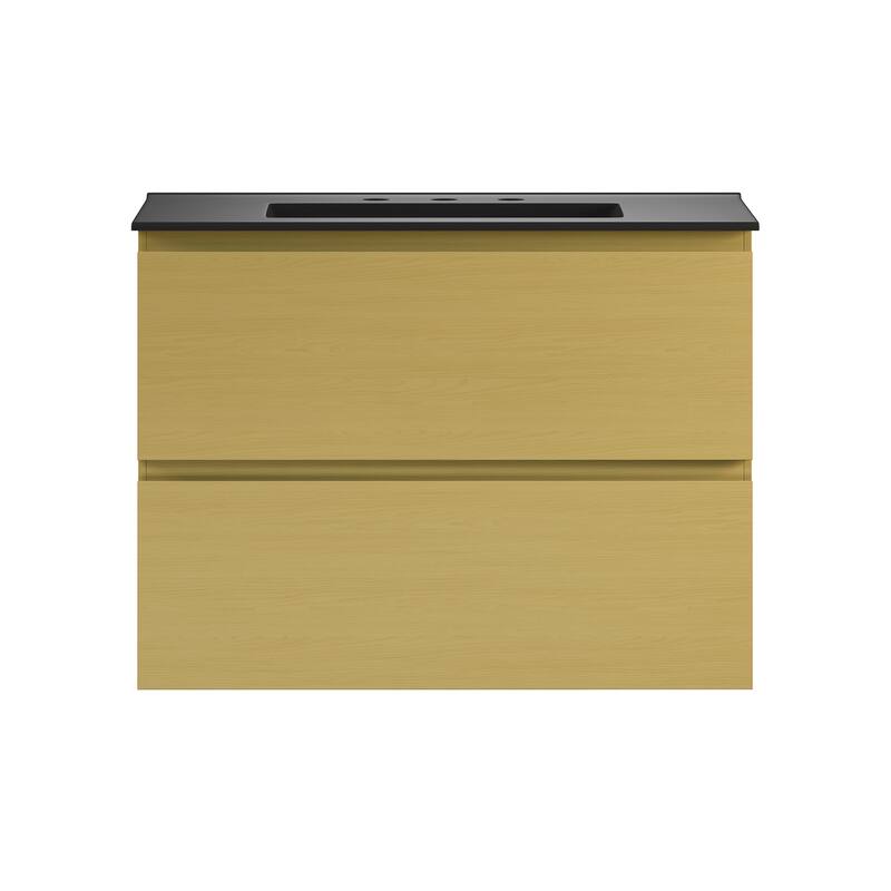 Liberte 30" Wall-Mounted Bathroom Vanity In Natural Oak With Black 3-Hole Widespread Sink Top - 30