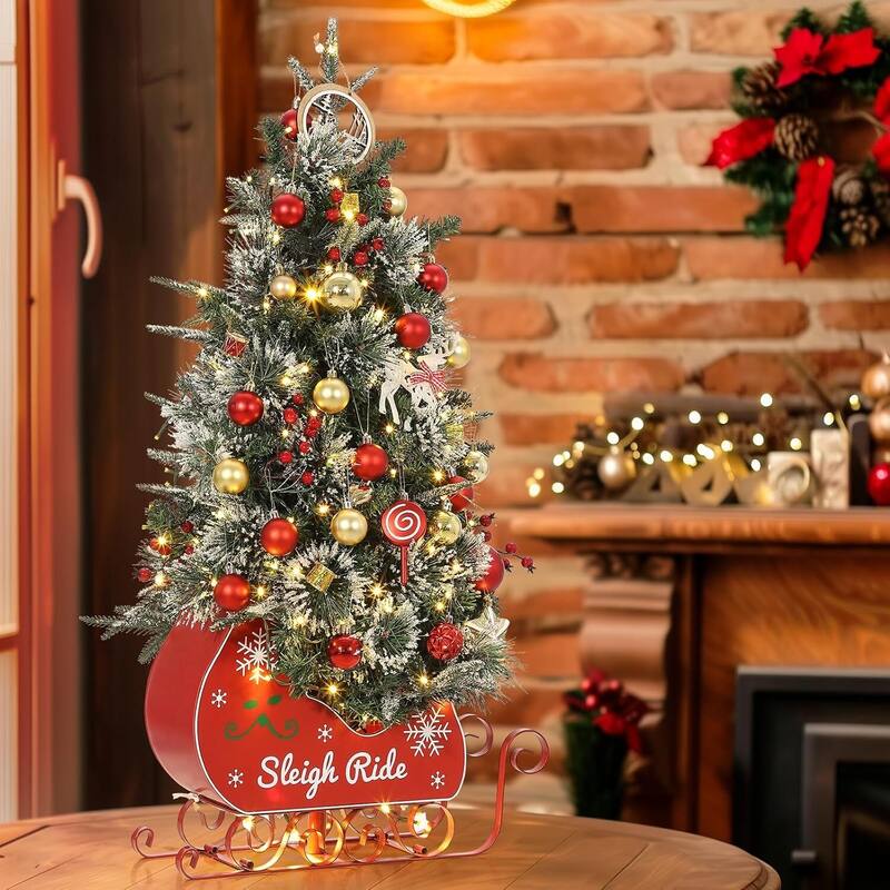 3Ft Snow Flocked Artificial Christmas Tree with Sleigh Base - N/A