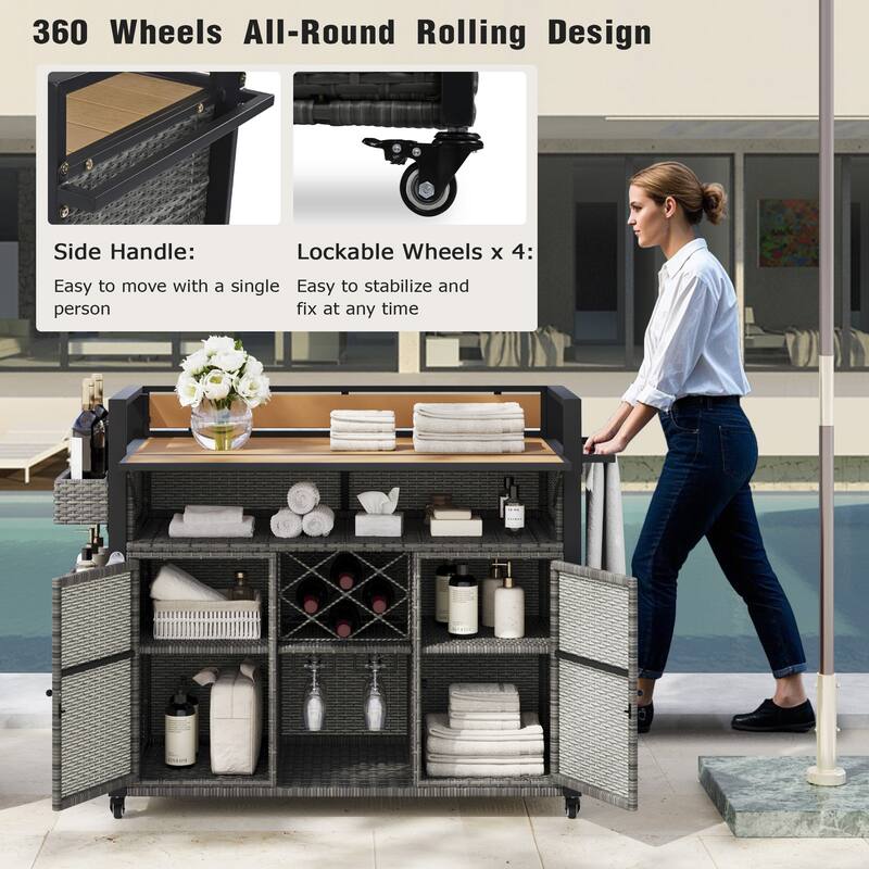 52.8"W Wicker Outdoor Grill Cart with Extended Plastic Wood Table Top & Storage Cabinet
