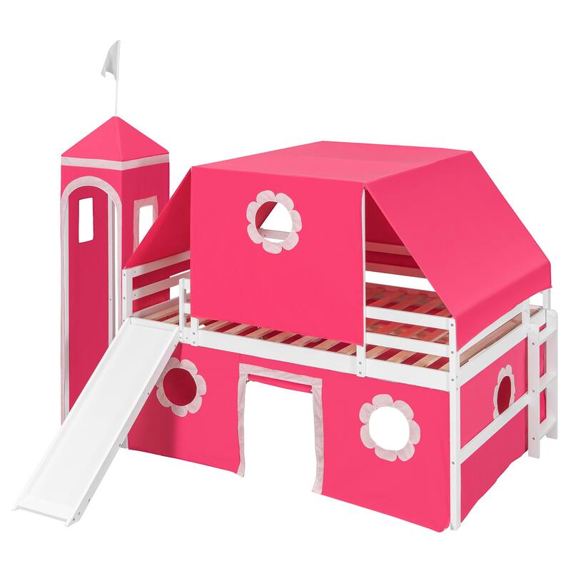 Kids Loft Bed Bed Castle-Shaped Bunk Bed with Slide and Safety Guardrail, Playhouse Bed with Tent & Tower Decor for Kids