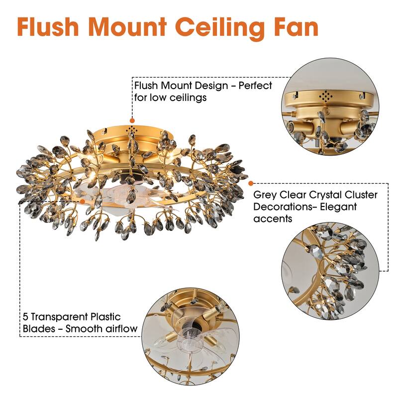 23" Modern Gold 4-Light Grey Crystal Low-Profile Flush Mount Ceiling Fan with Remote