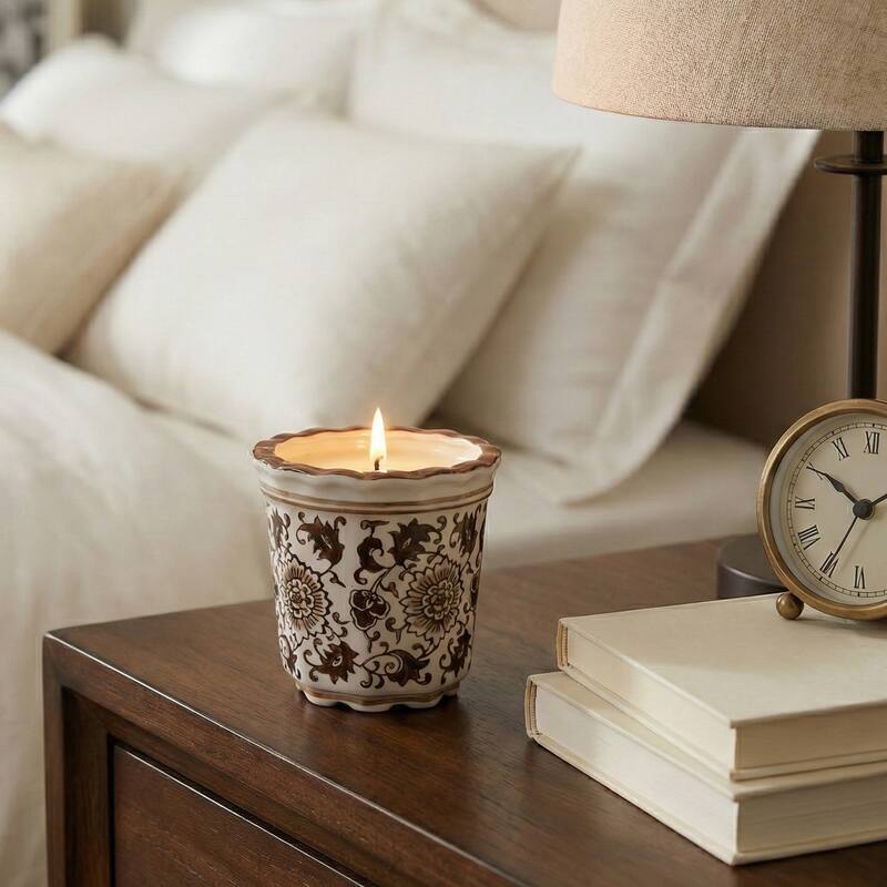 Modern Chinoiserie Ceramic Candle - Jasmine Scented Candle - 5.0"