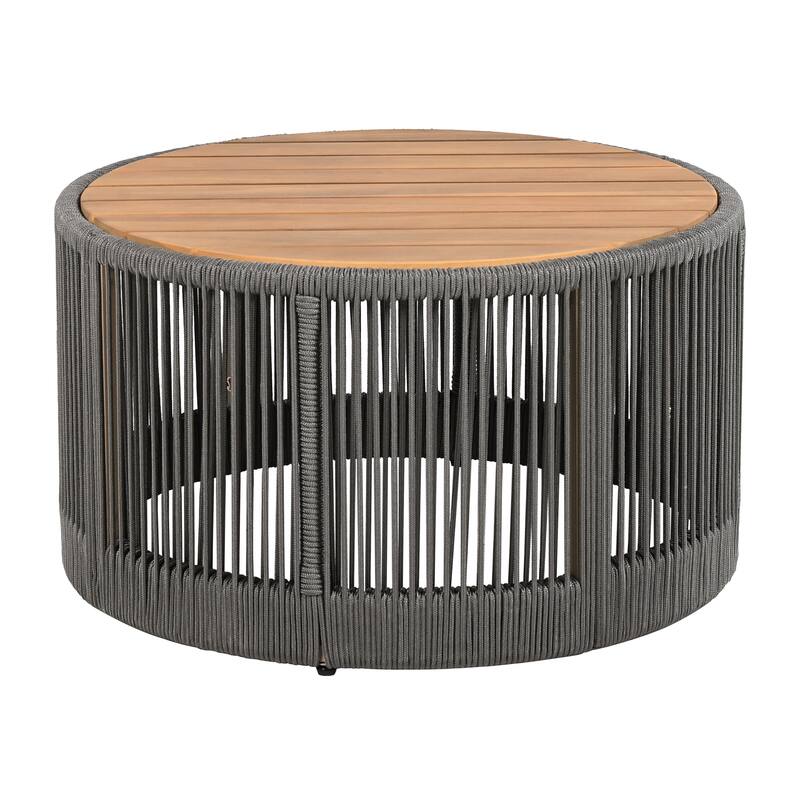 Roomfitters 31.5" Round Outdoor Coffee Table, Acacia Wood and Rattan Rope Accent Table for Patio and Balcony
