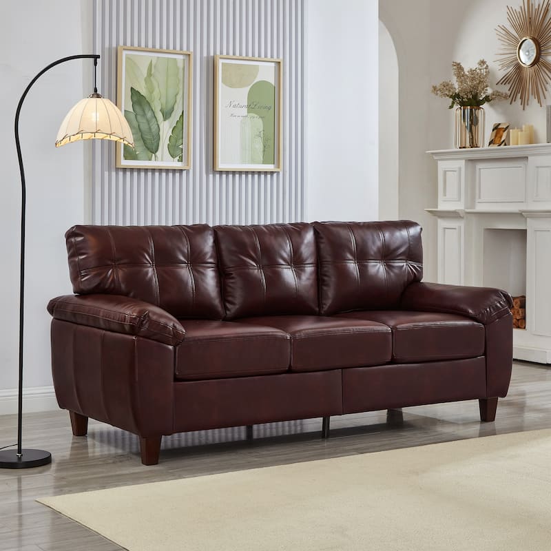 79" Three Seater Sofa Modern Design Faux Leather Couch,Storage,Big Armrest Sofa,Upholstered Breathable PU Leather Sofa - Burgundy