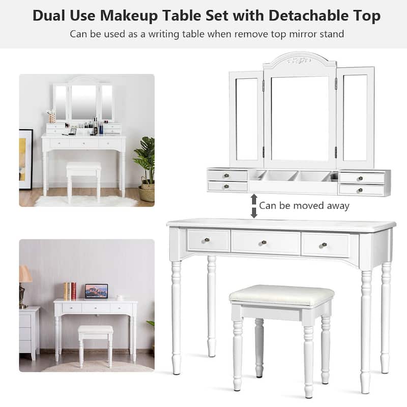 Gymax 7 Drawers Vanity Set Dressing Table w/ Tri-Folding Mirror White