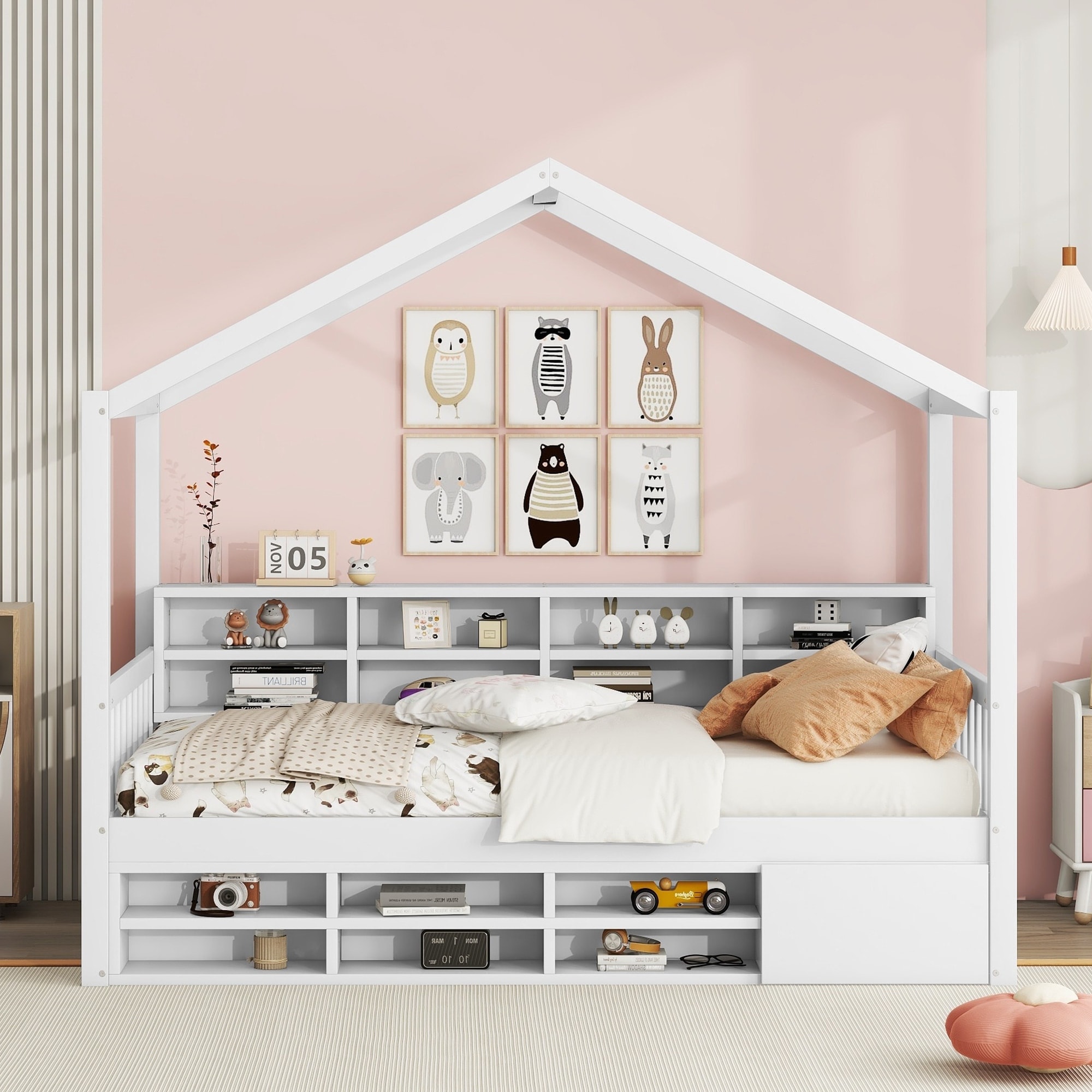 Twin Size Wooden House Bed with Shelves and Mini cabinet Storage Bed Frame Space Saving for Kids Teens Girls Boys Gray Bed Bath Beyond 39987309