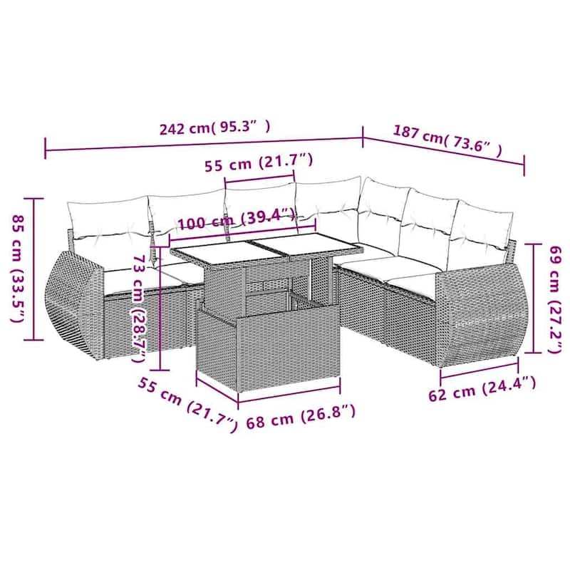 vidaXL Patio Sofa Set with Cushions Outdoor Furniture 7 Piece Poly Rattan - 21.7 x 39.4 x 28.7
