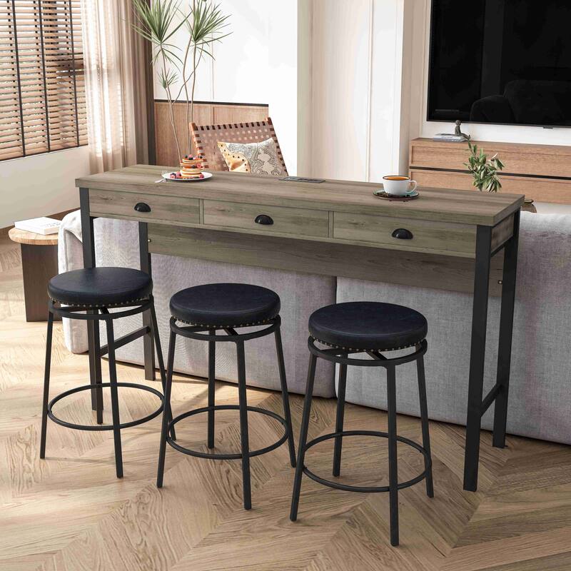 3-Drawer Long Dining Table Set with Power Outlets