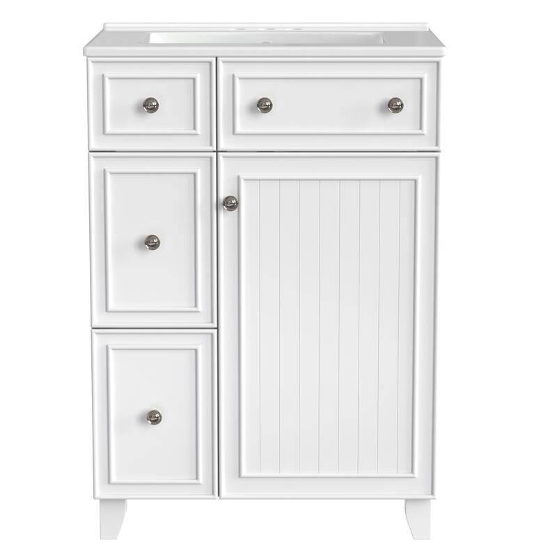 24" Bathroom Vanity Cabinet with Ceramic Sink, 2 Drawers & Door, White