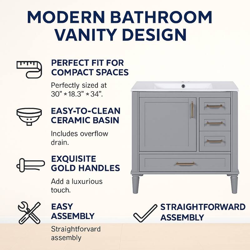 30" Ceramic Sink Bathroom Vanity with Gold Handles, Soft-Close Storage & Space-Saving Design