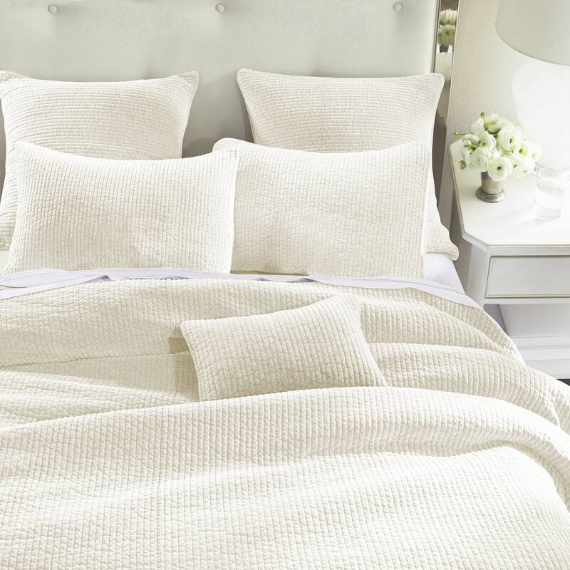HiEnd Accents Stonewashed Cotton Velvet Traditional Bedding 3 Piece Quilt Set with Pillow Shams - Vintage White - Queen