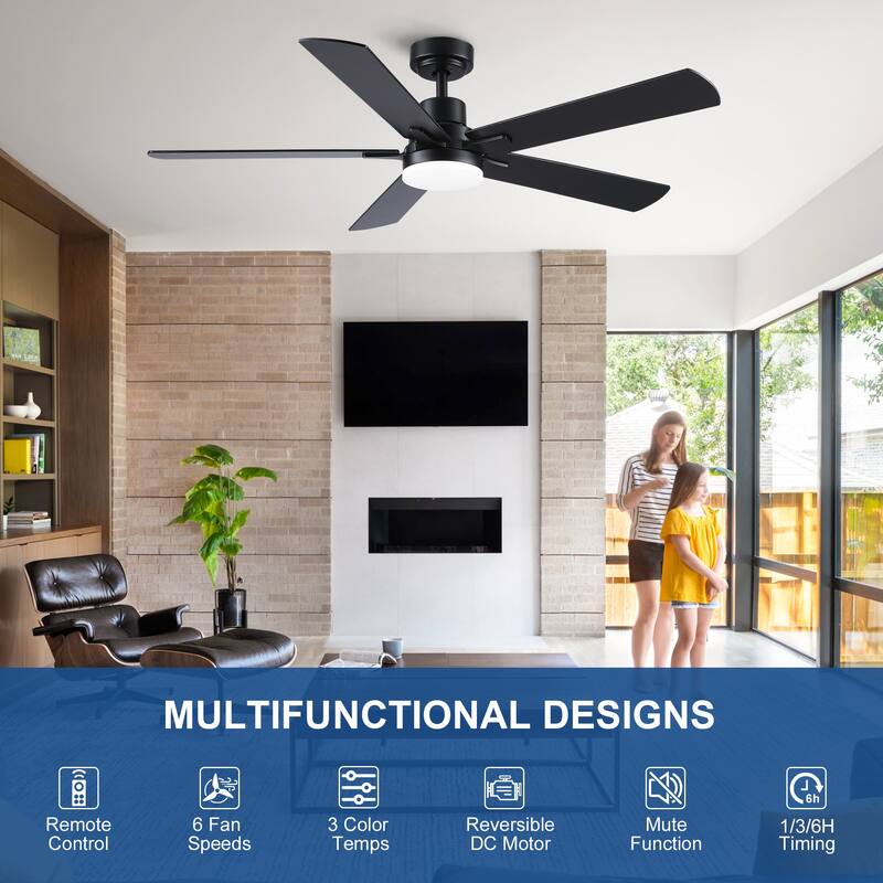 YUHAO Kaleido 52 in. Indoor Matte Black 3-Colors Integrated LED 6-Speeds Ceiling Fans with Dual-Finish Blades and Remote Control