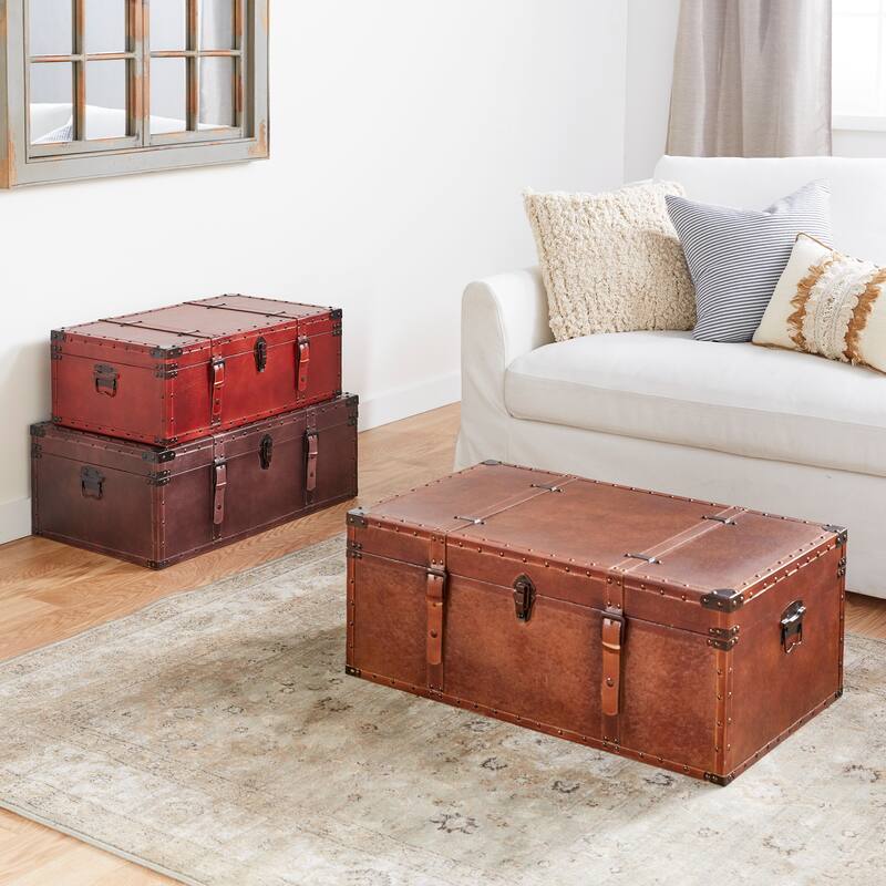 Brown Wood Nesting Upholstered Decorative Trunk with Vintage Accents and Studs (Set of 3)