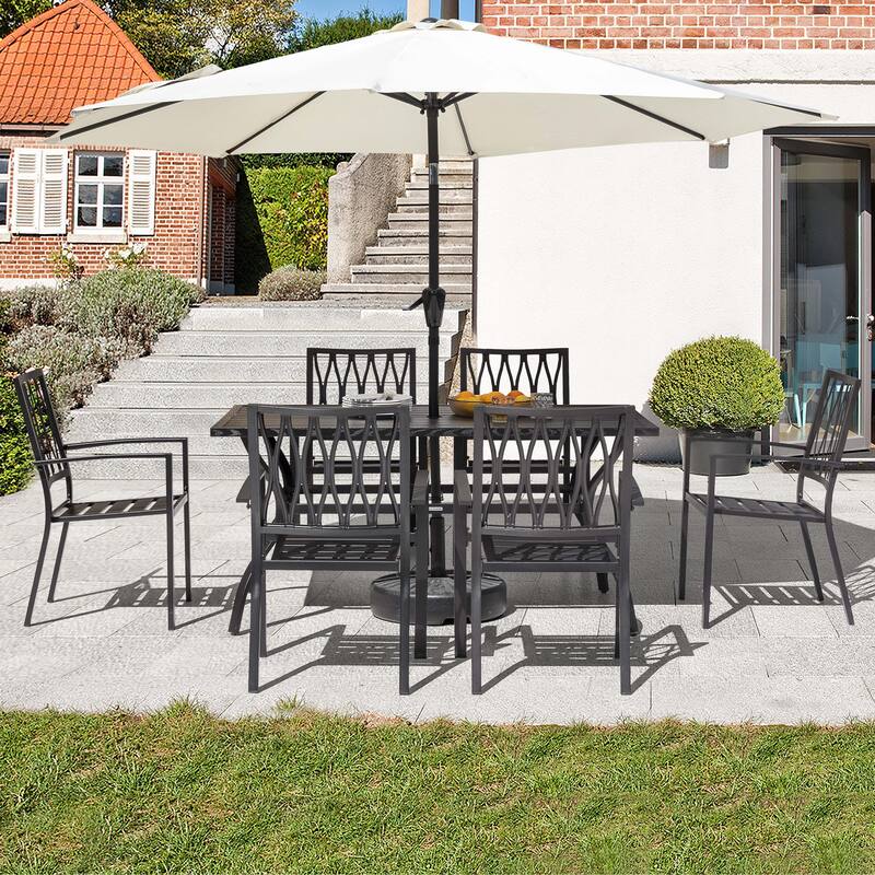 Outdoor 7.5' Round Beige Patio Vented Umbrella, Crank, Push Button Tilt